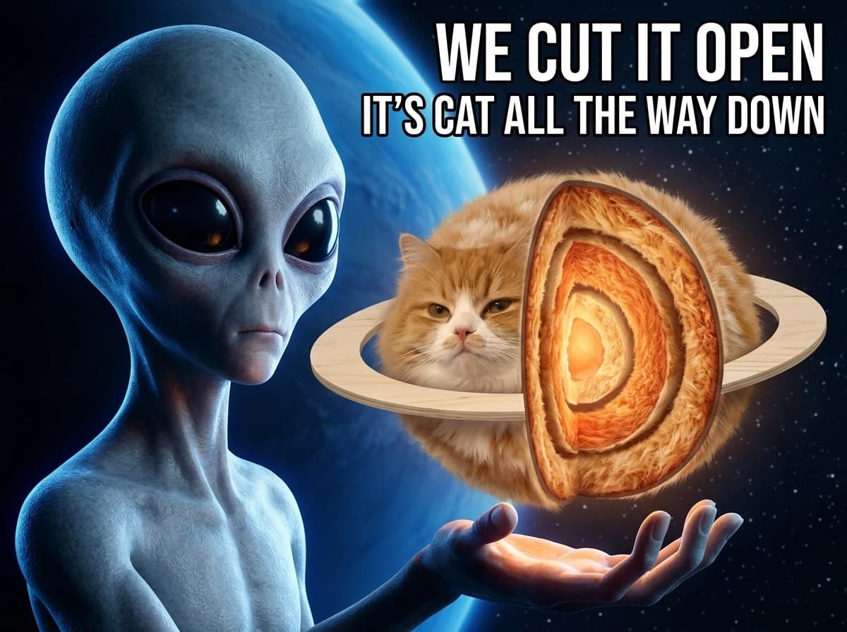 A grey alien holds a cross section of the ringed ginger cat planet, revealing fur layers down to the core. The caption reads that they cut it open and it is cat all the way down.