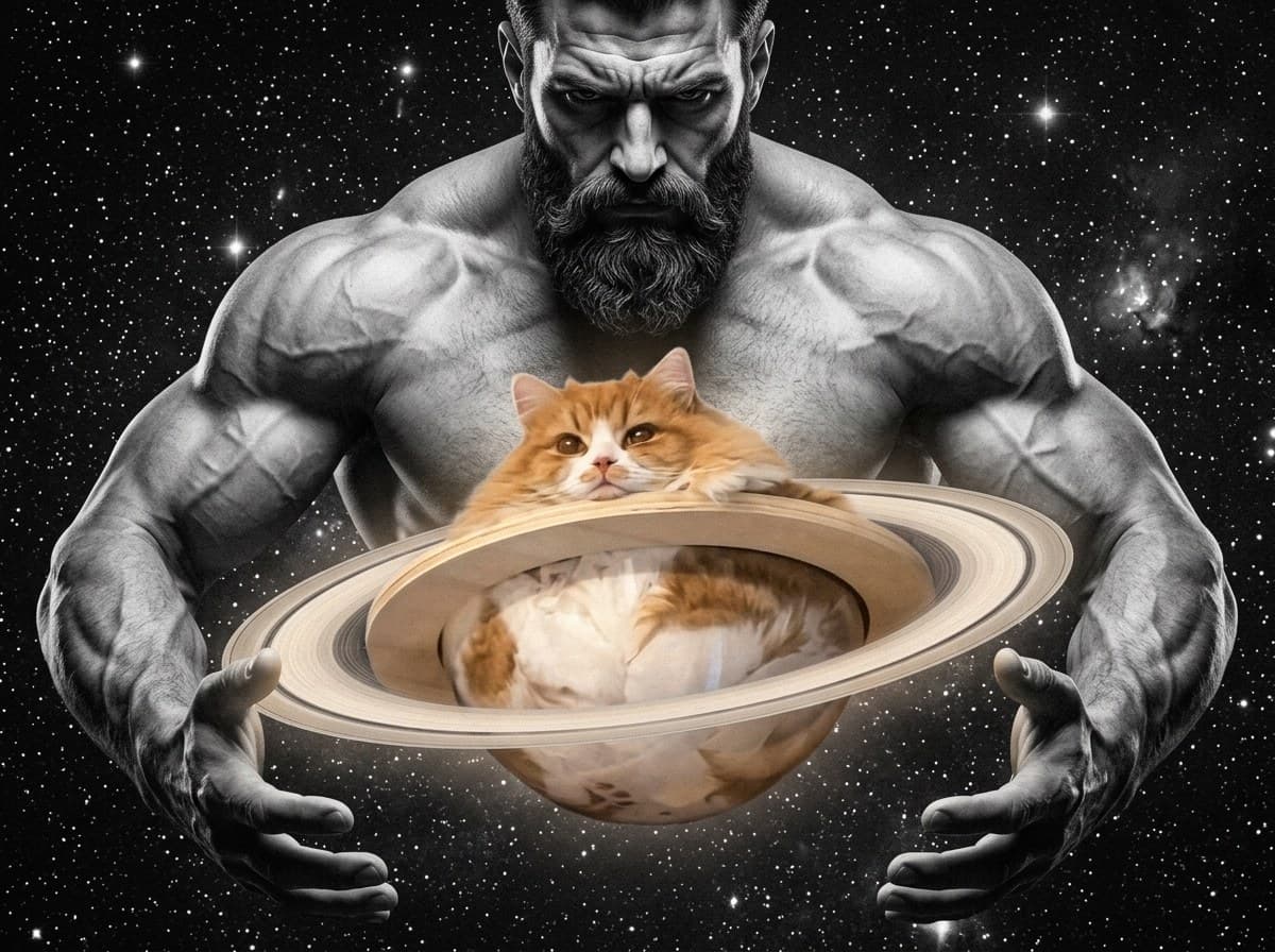 A black and white bodybuilder holds the ringed ginger cat planet in both hands against a starfield.