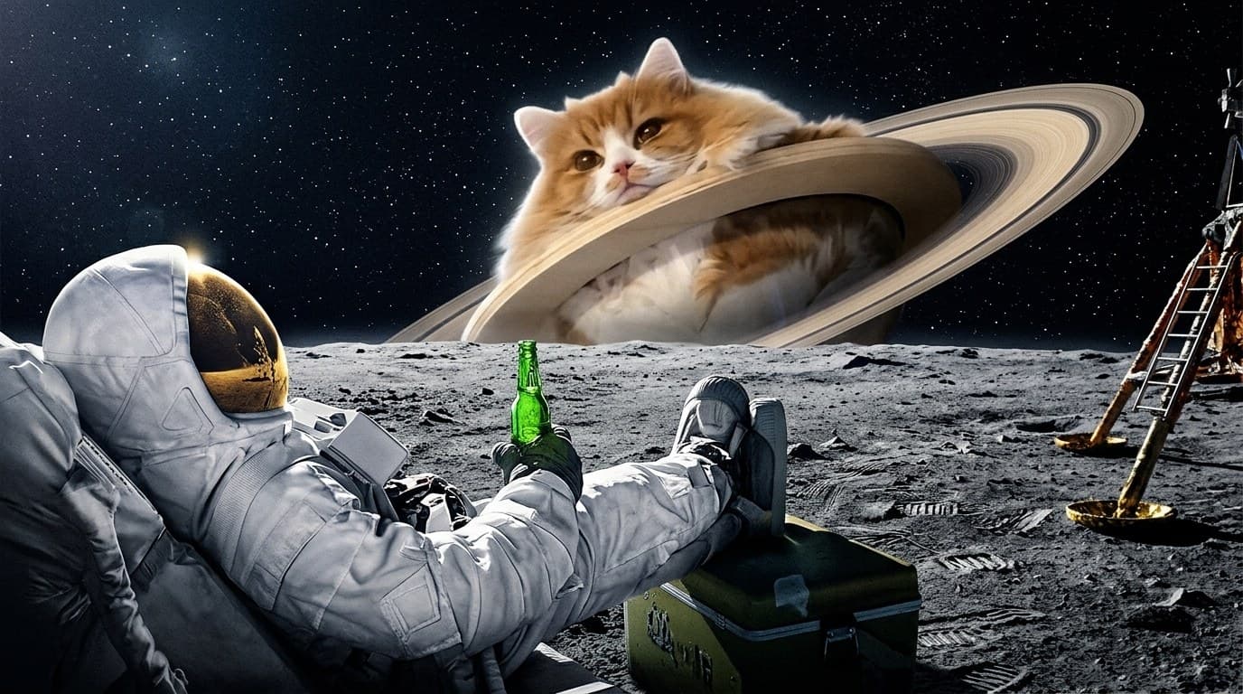 The ringed ginger cat planet shares a beer with the Moon in deep space.