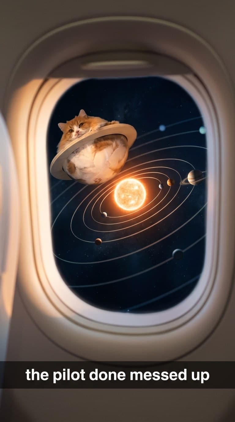 View from an aircraft window of the ringed ginger cat planet filling the sky.