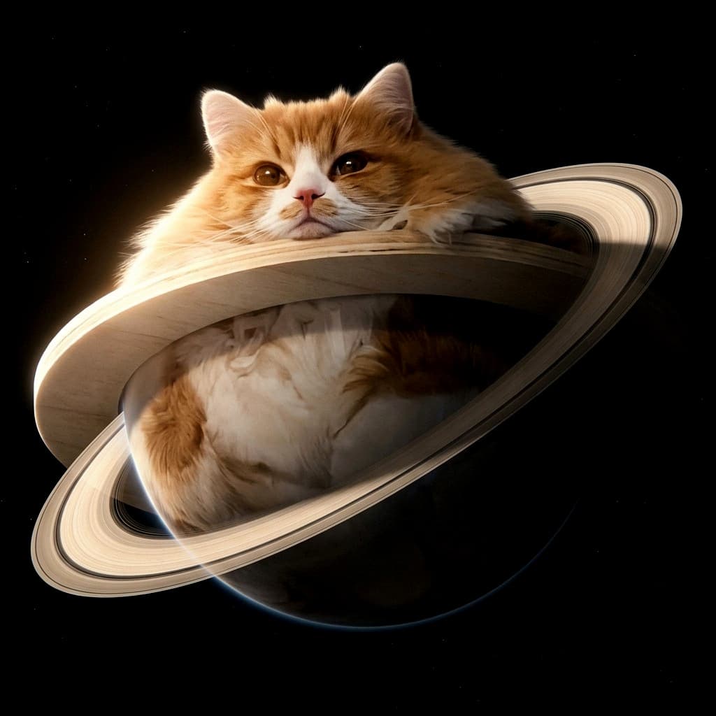 CATURN, a fat ginger cat seated in a wooden bowl, rendered as a ringed planet